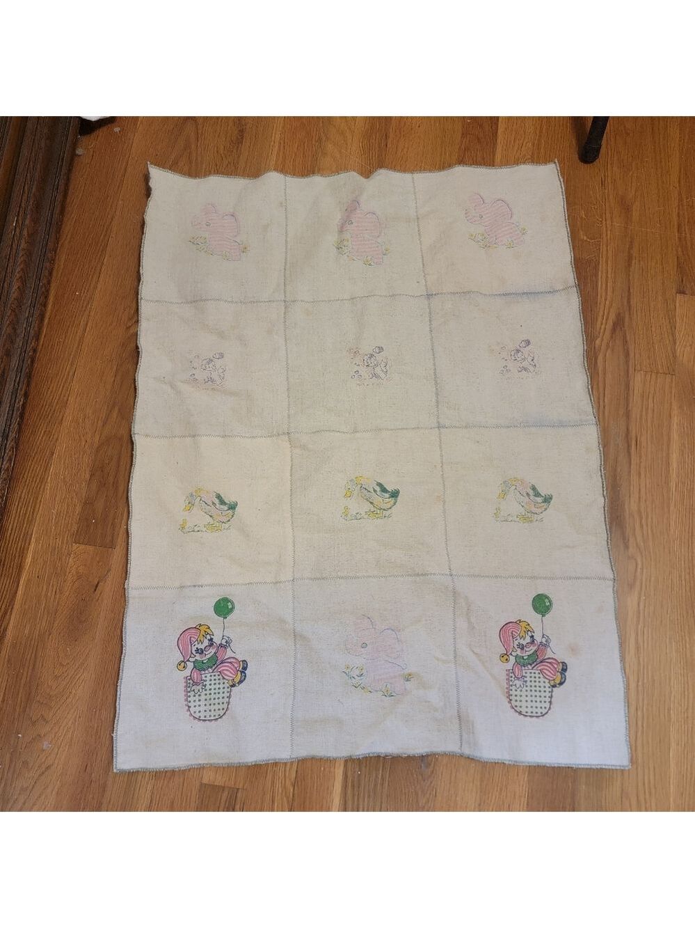 Vtg Quilt Handmade Crib Baby Blanket Children Clown elephant ducks